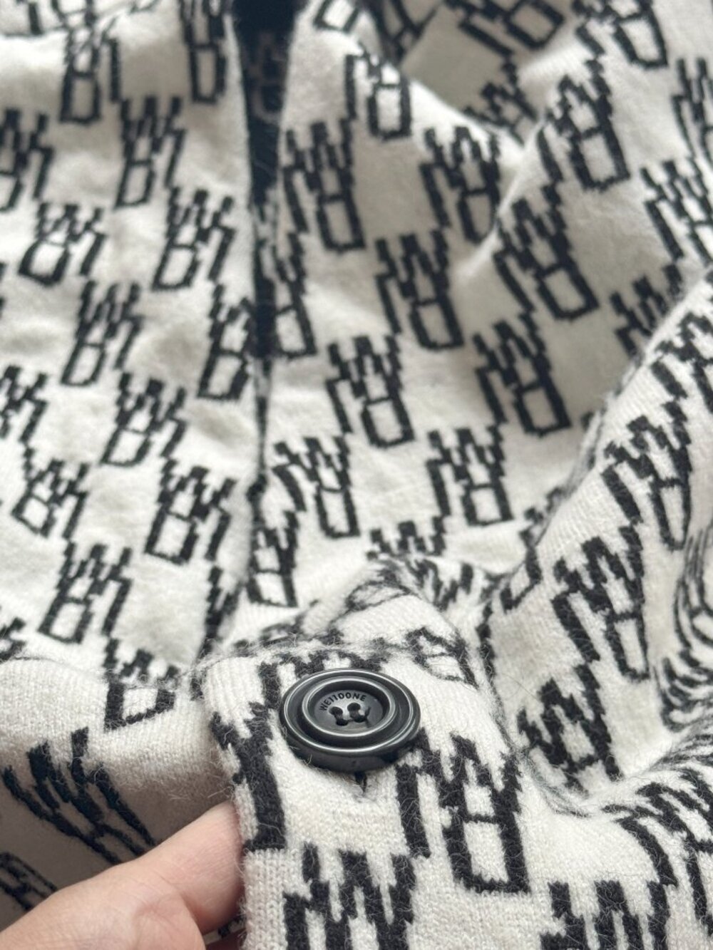 WE11DONE WD1 White Black Logo Wool Cashmere Jacquard Cardigan Sweater, Size S - Picture 13 of 16